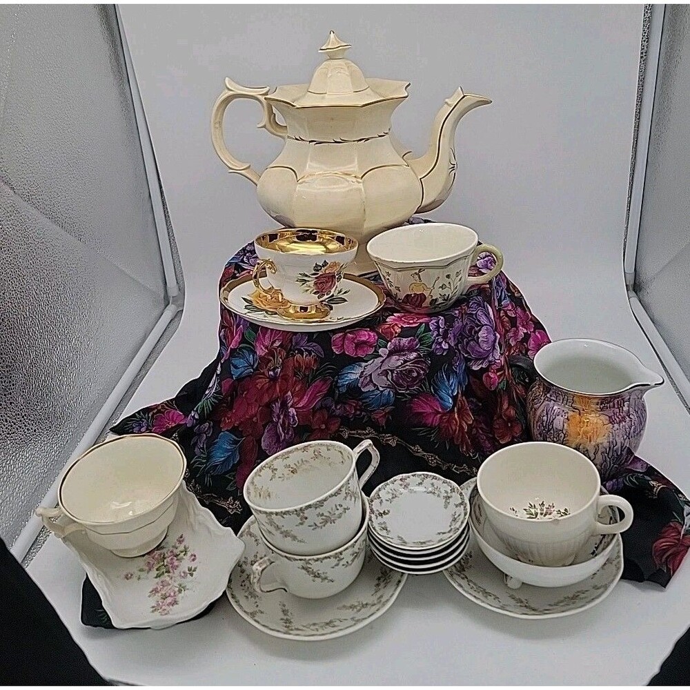 Lot Vtg TEA Cups Saucers Teapot Bowl Dishes Wedgewood Noritake England TEA PARTY